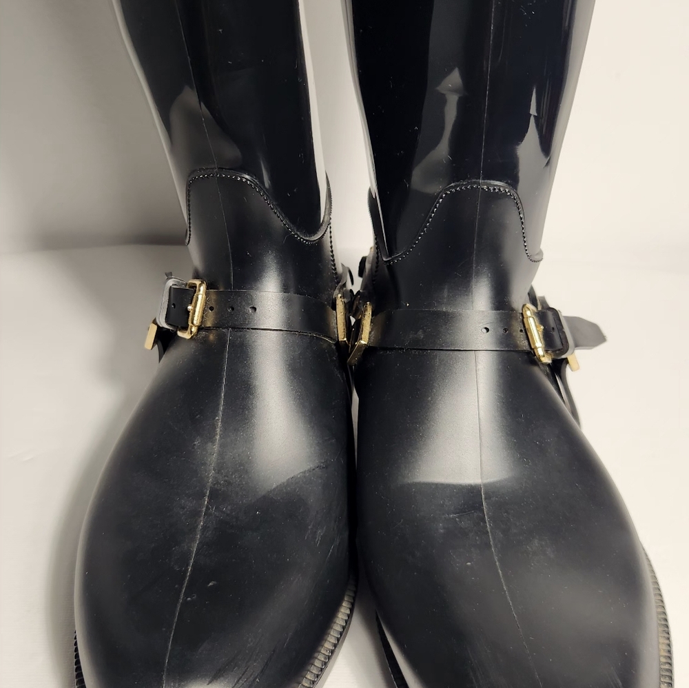 Jimmy Choo CHESHIRE Riding Black Gold Knee High Rain Boots Rubber Women Size 39 - Picture 8 of 14